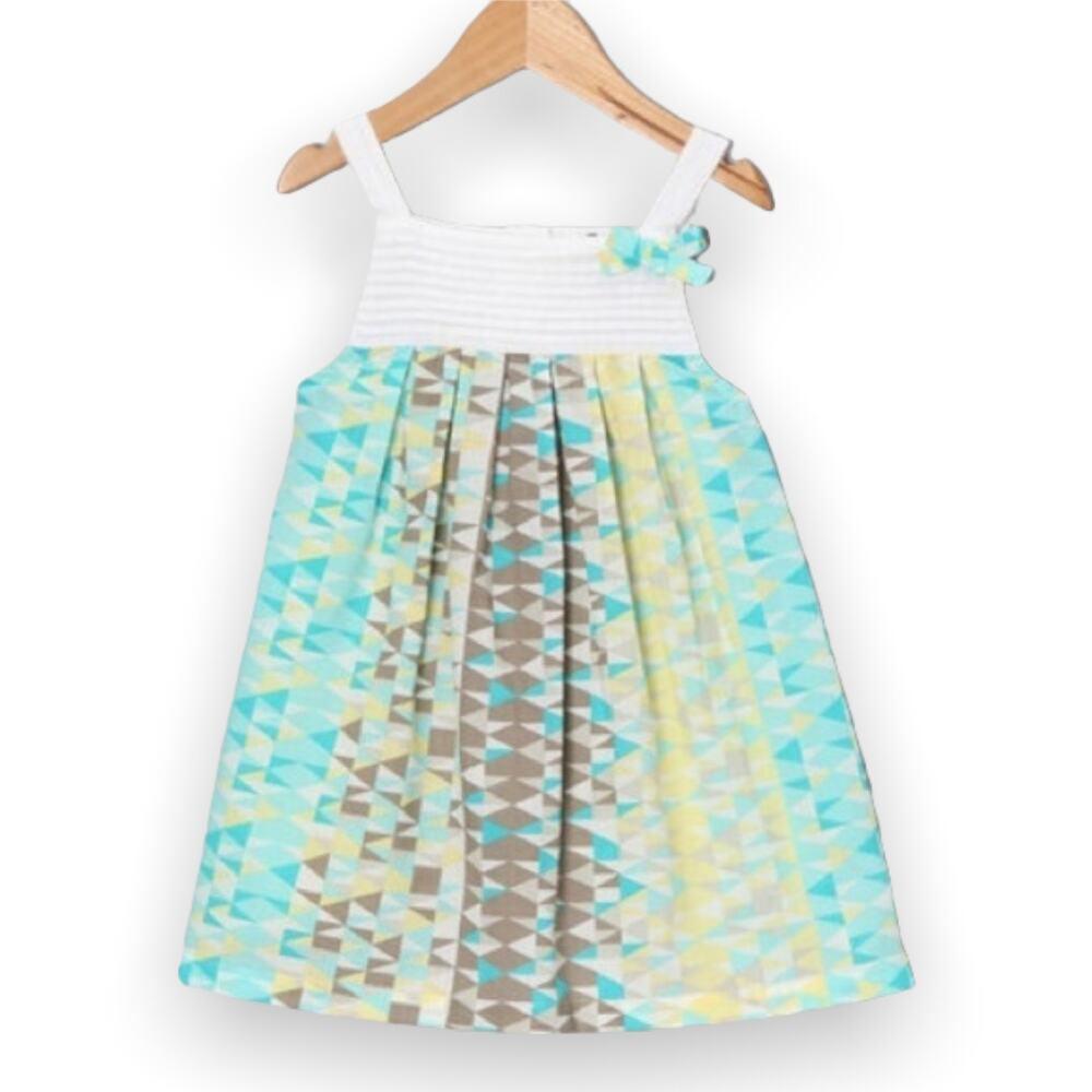 Rim Zim Girls Dress Size 12-18 Months White Aqua Gray Yellow Geometric Pin Tuck